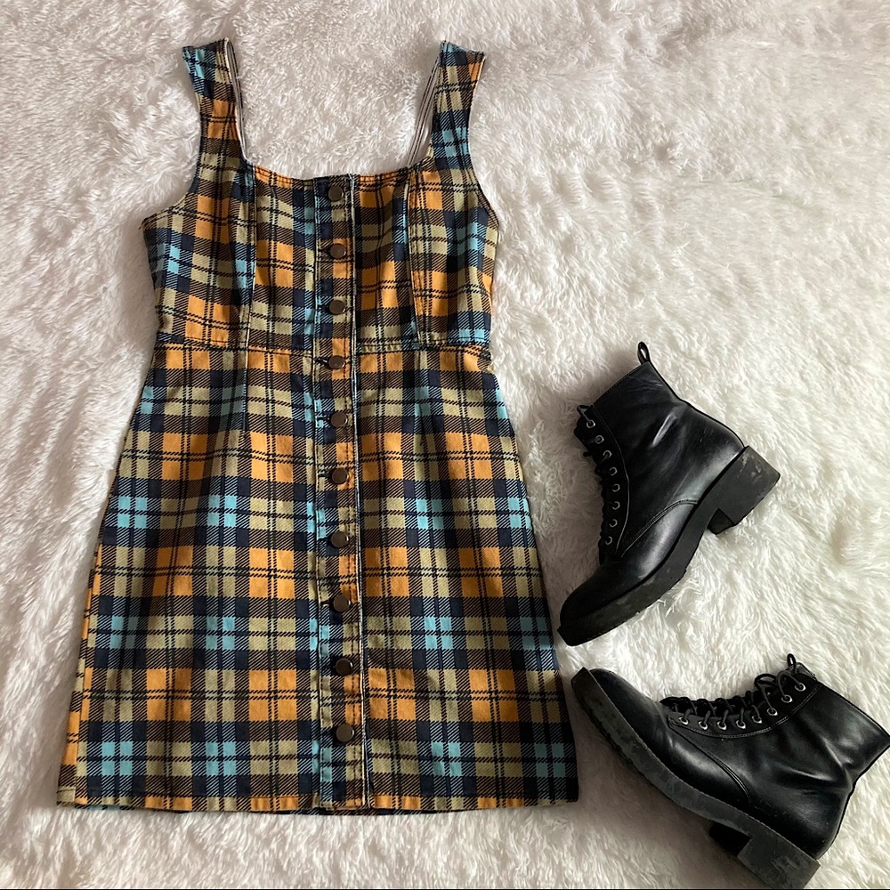 UO Button Down Plaid Denim Mini Dress